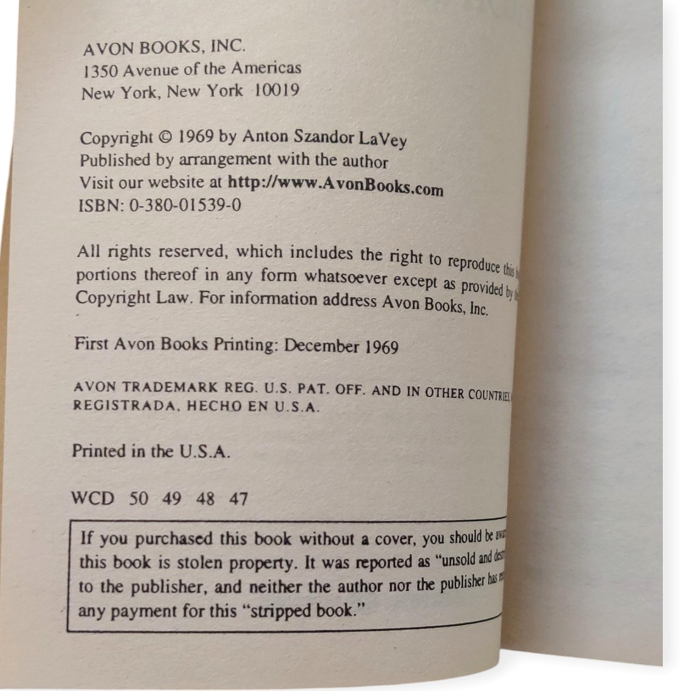 The Satanic Bible Anton Szandor LaVey Avon Paperback 47th Printing