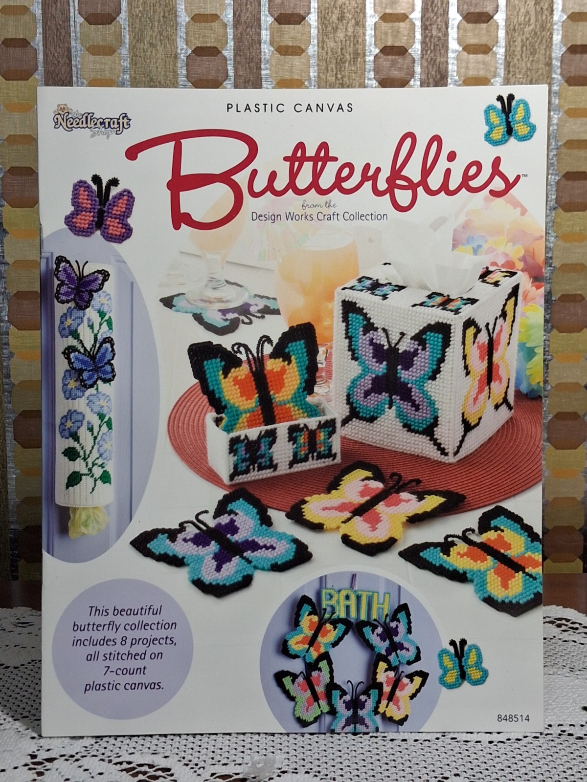 Needlecraft Plastic Canvas Butterflies Wreath Tissue Box Bag Cover Coasters