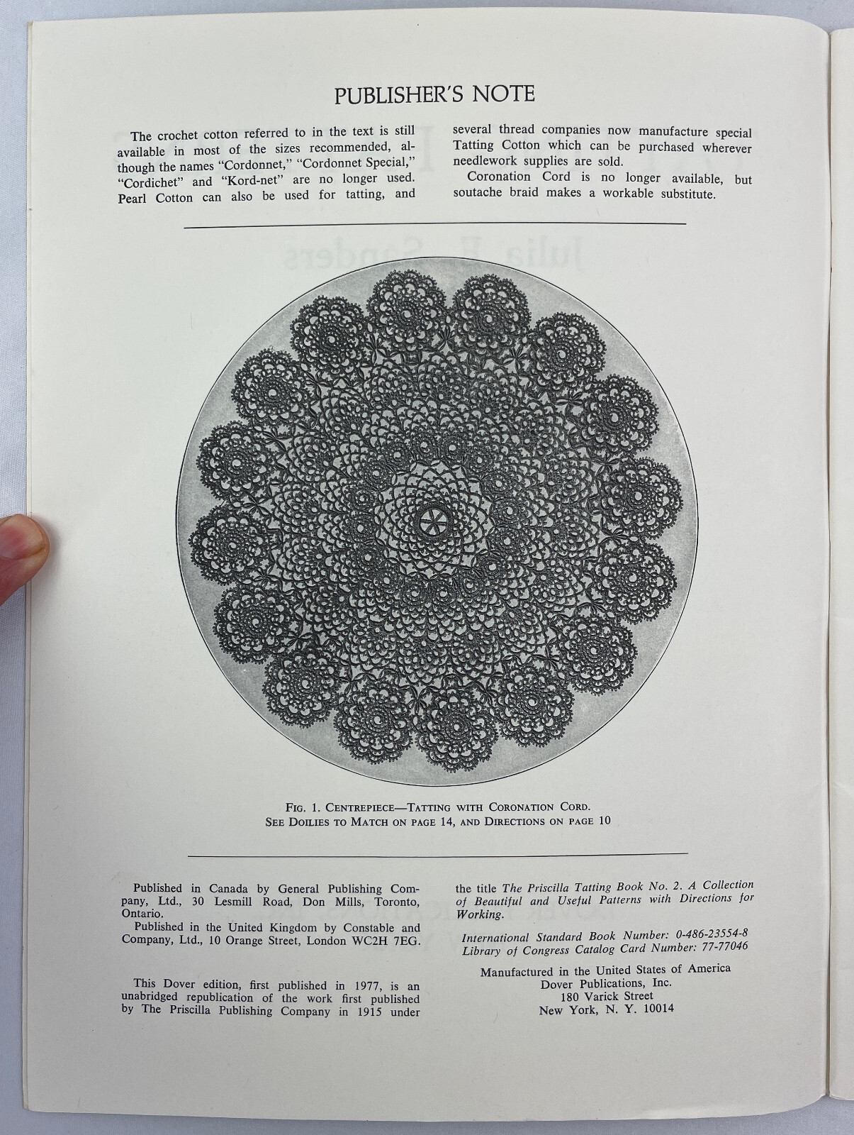 Tatting Patterns, Julia E. Sanders, 1977, Reprint of 1915 Craft Classic, PBK