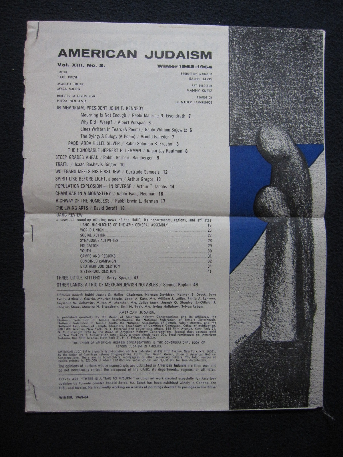 American Judaism Winter 1963-1964 JFK Memoriam 6 pages [Loose-leaf]