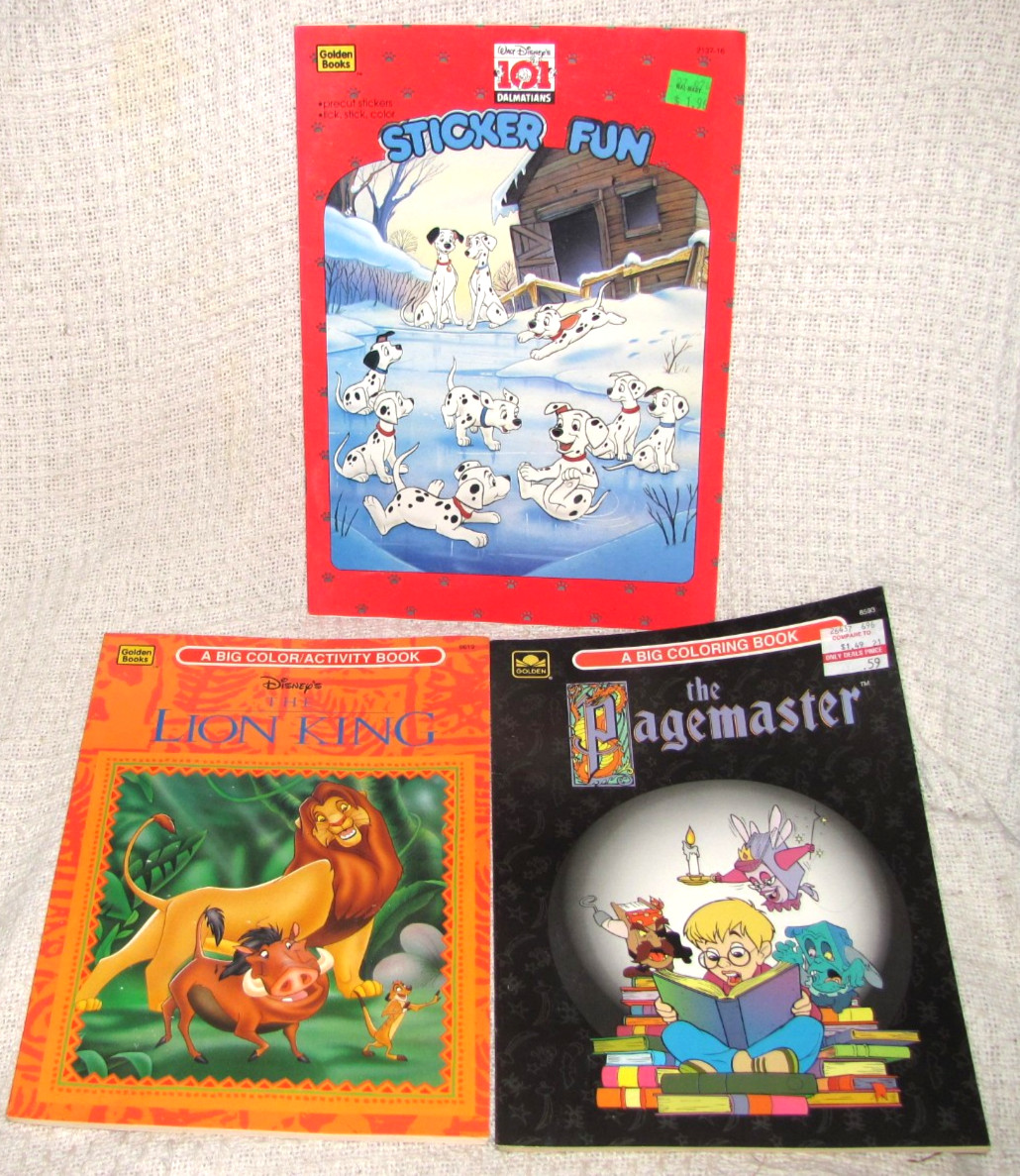 The Pagemaster, Lion King Golden Coloring Books + 101 Dalmations Sticker Fun NEW