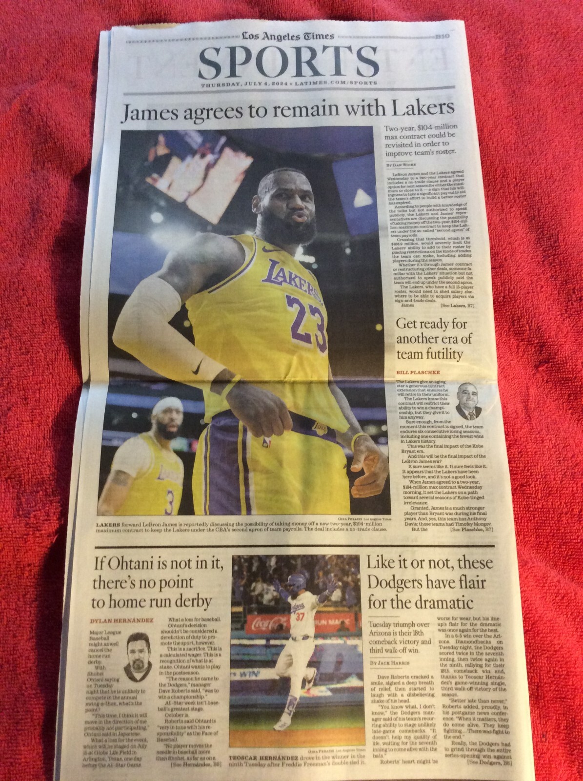 LA TIMES SPORTS SECTION JULY 4 2024 THE LAKERS LEBRON JAMES 2 YEAR CONTRACT