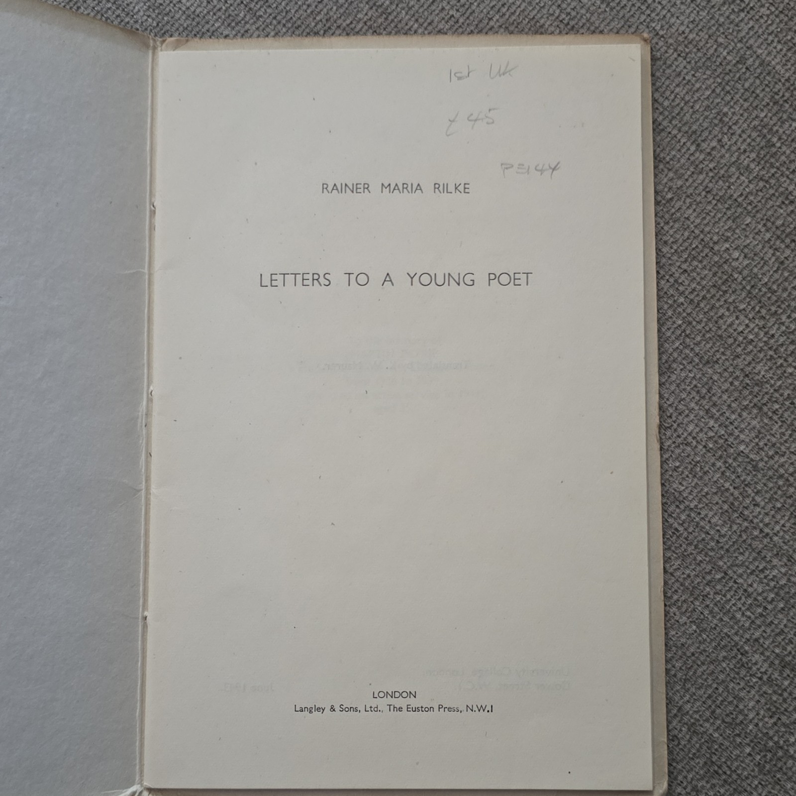 Rainer Maria Rilke Letters to a Young Poet Paperback 1943 1st Ed Vintage