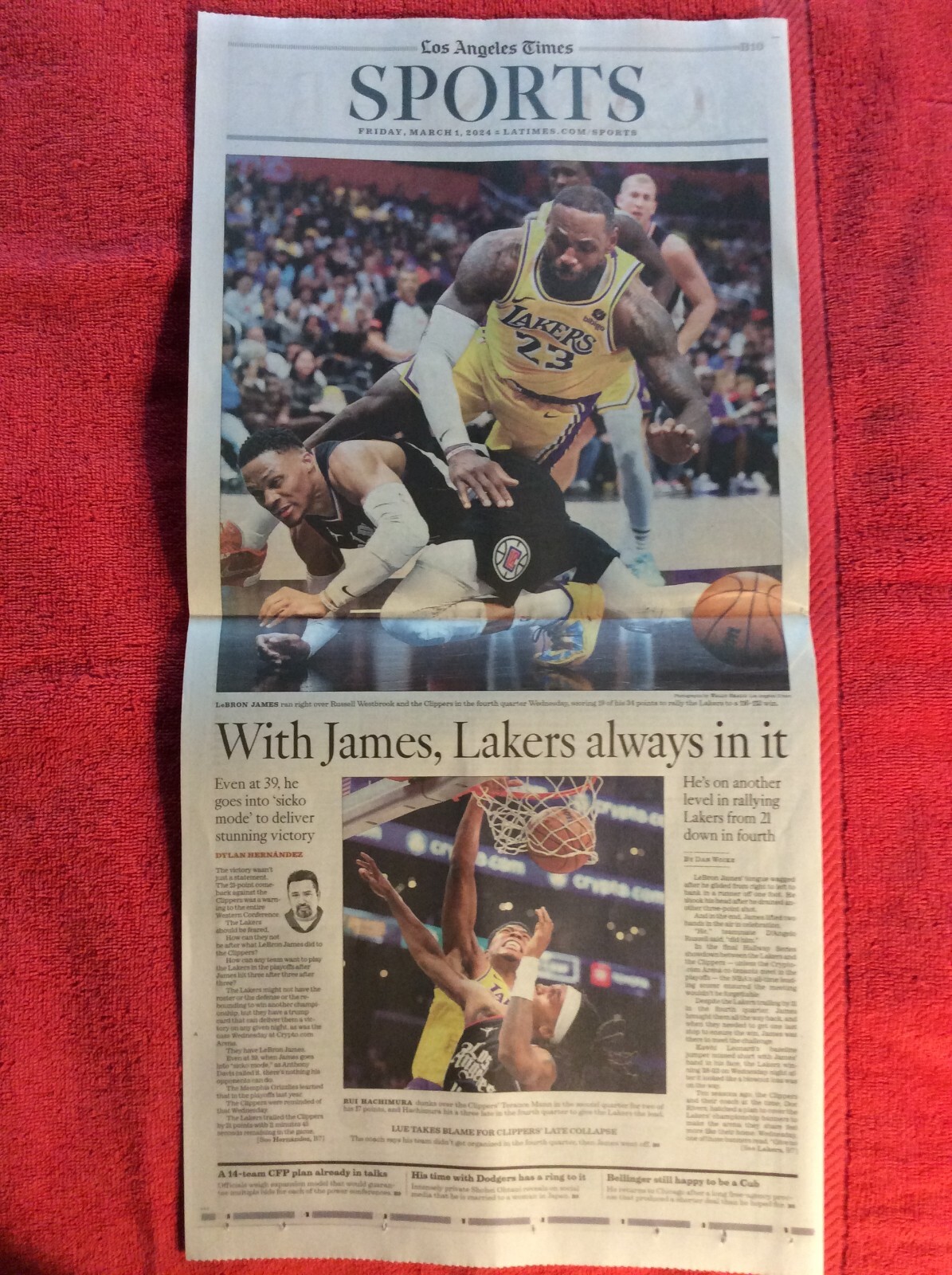 LA TIMES SPORTS SECTION MARCH 1 2024 LAKERS LEBRON JAMES RUSSELL WESTBROOK