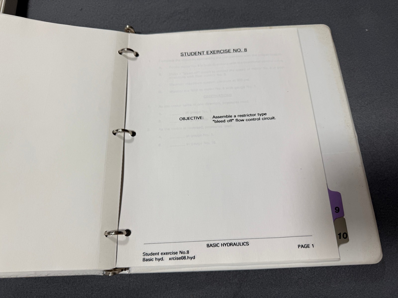 ESW EDUCATIONAL SYSTEM WORKSHOPS BASIC HYDRAULICS STUDENT EXCERCISES BINDER