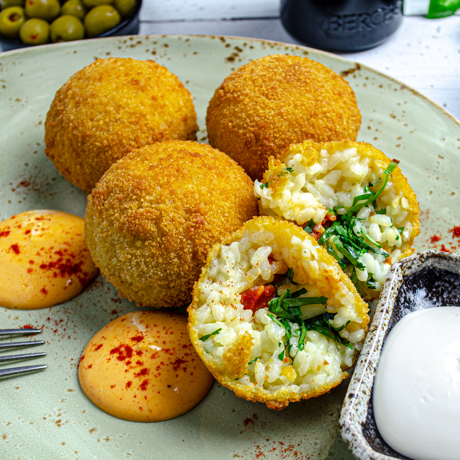 Arancini with Chirizo, Manchego Cheese & Harissa Mayonnaise