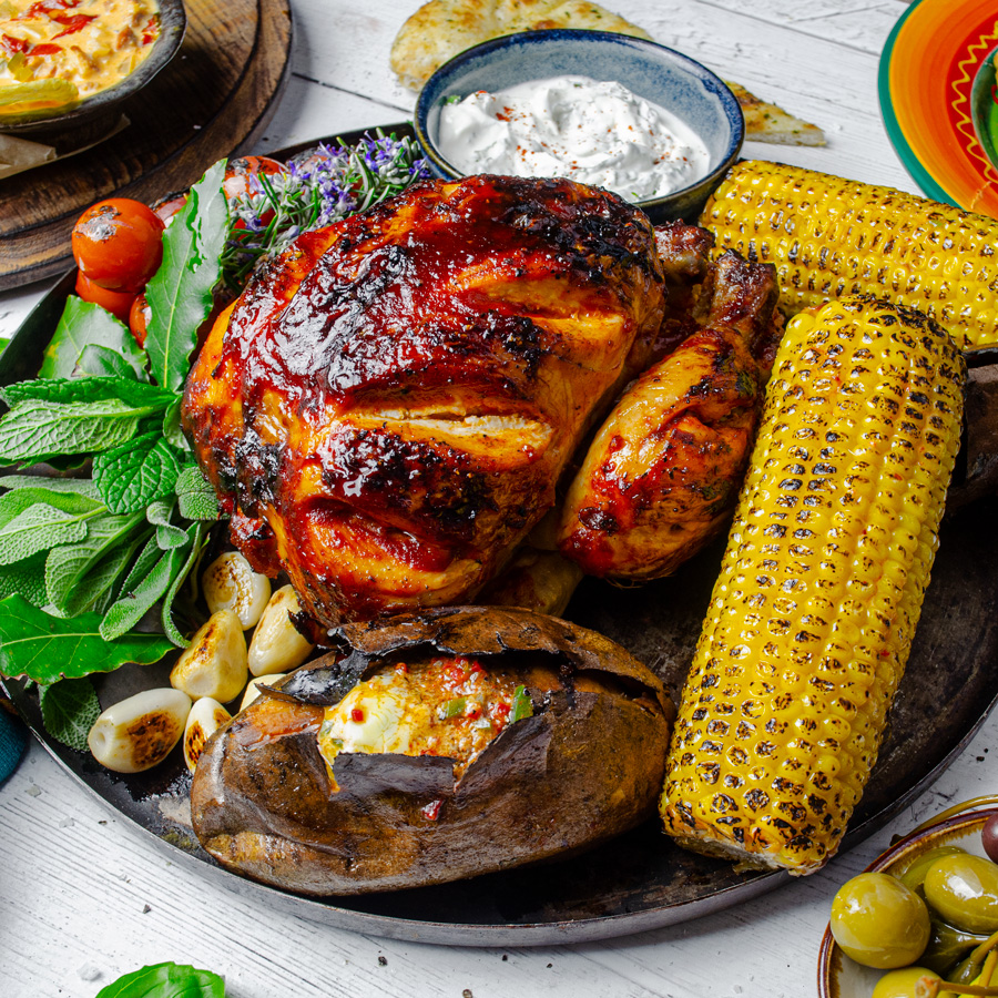 Harissa Roast Chicken, Charred Sweetcorn, Baked Sweet Potato, Aioli, Romesco Chilli Butter