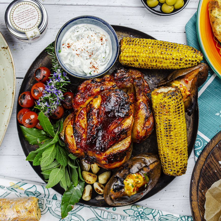 Harissa Roast Chicken, Charred Sweetcorn, Baked Sweet Potato, Aioli, Romesco Chilli Butter