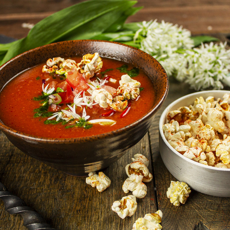 Gazpacho with King Prawns & Popcorn