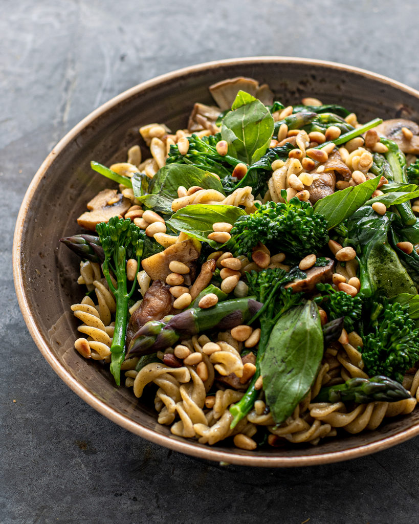 Herb infused Fusilli Vegan Pasta with Summer Greens, Chestnut Mushrooms and Toasted Pine Nuts