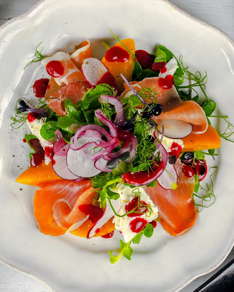 Serrano Ham, Peach, Mozzarella Salad, Beetroot Dressing.