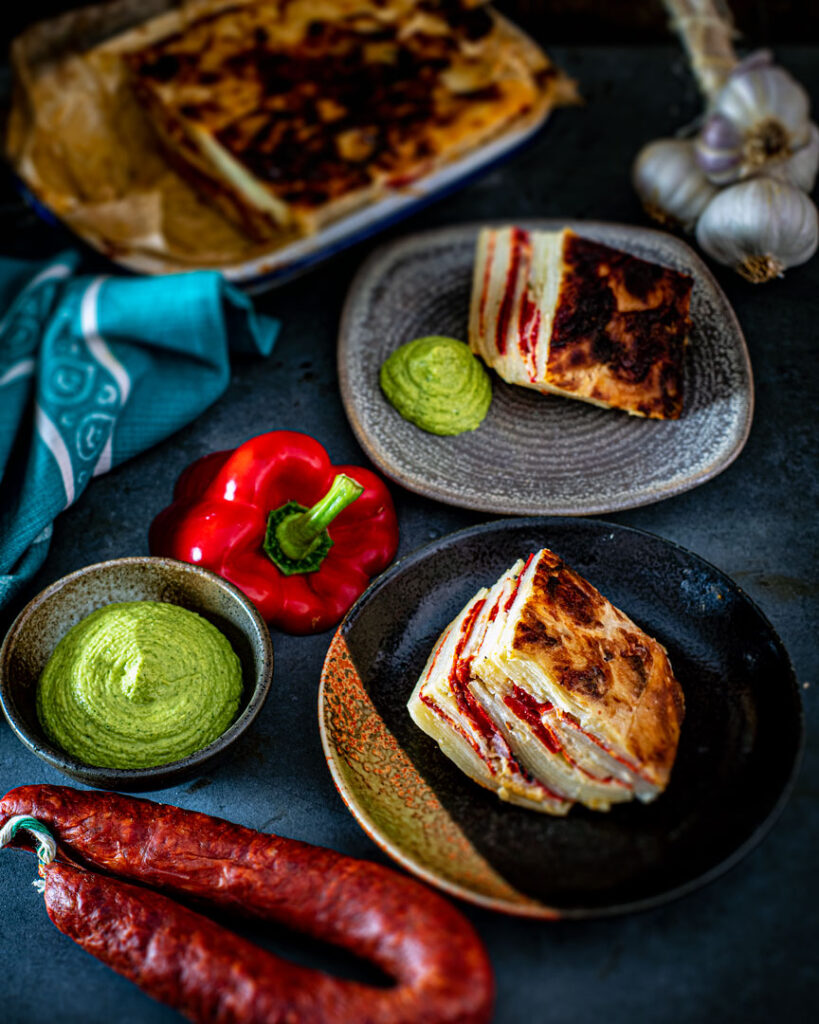 Dauphinoise potatoes with Chorizo and Piquillo Peppers.