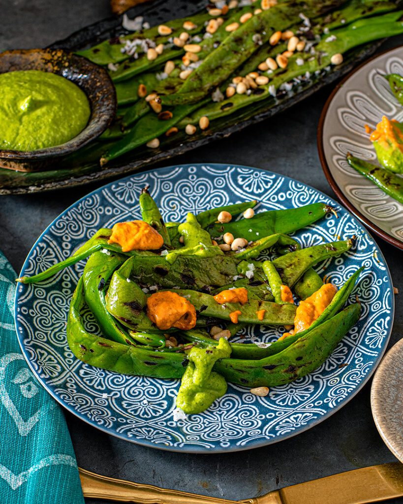 Stringless Beans with Toasted Pinenuts,Green Mojo,Romesco,and Seaweed Spring Salt.